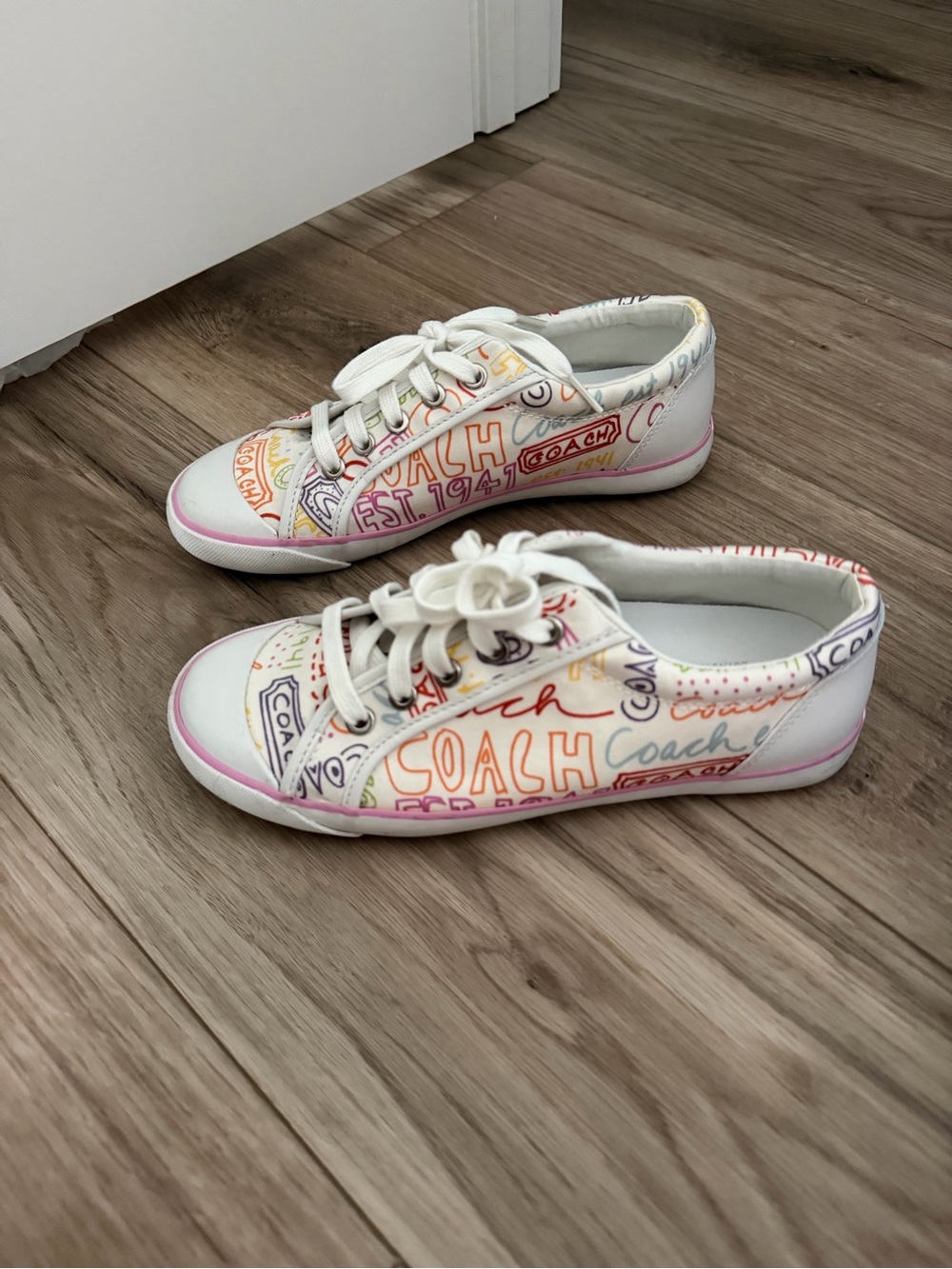Coach White Sneakers with Multicolor Scribble Logo size 8